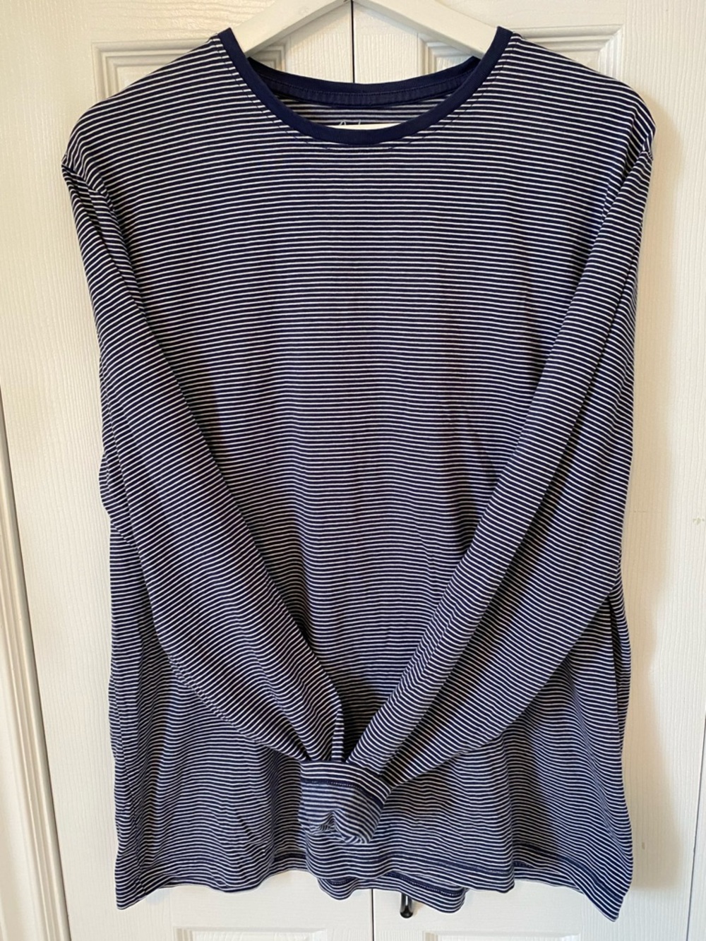 Boden Cotton Crew Long Sleeve Top Navy Ivory Stripe Size Large Breton Coastal